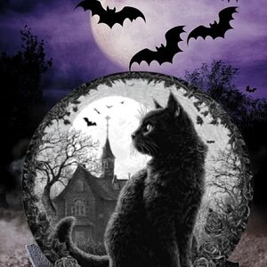NEW Black Cat Halloween Gothic Round 8" Tin Haunted House Bats Black white grey